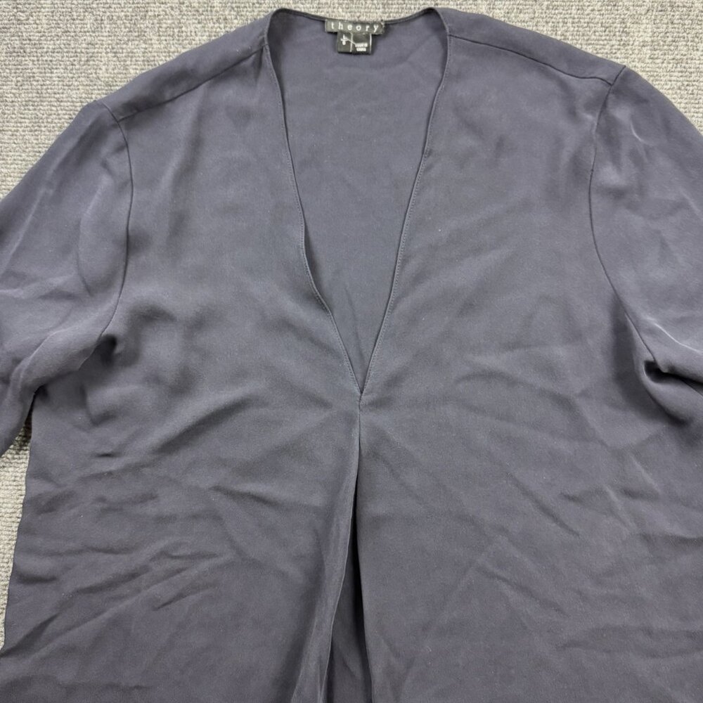 Theory Meniph V-Neck Silk Solid Black Blouse Long… - image 3